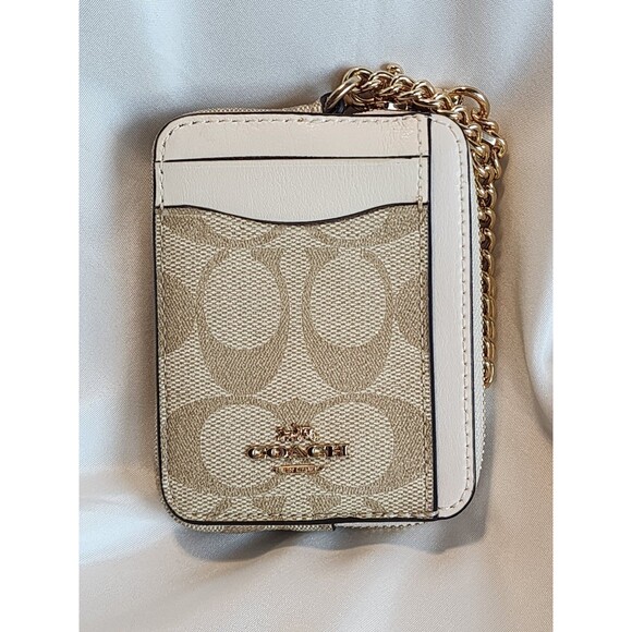 Coach Zip Card Case Coin  Purse ID Holder Chain Beige Signature Canvas C0058 - Picture 1 of 14